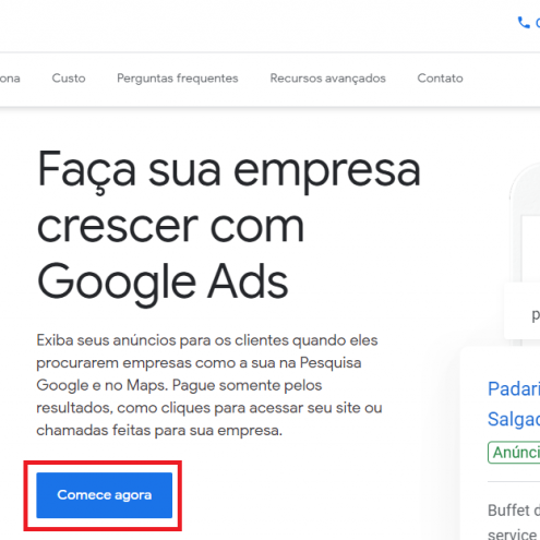 Print do site inicial do Google Ads, com desta no botão "Comece Agora" para criar uma conta no Google Ads