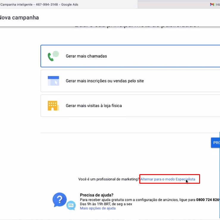 Print da segunda página ao criar uma conta no google ads, com a opção "Alternar para modo especialista" destacada por um box vermelho.